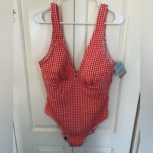 Shade And Shore Red Gingham 1 Piece Swimsuit High Leg Medium Seat Coverage XL(16